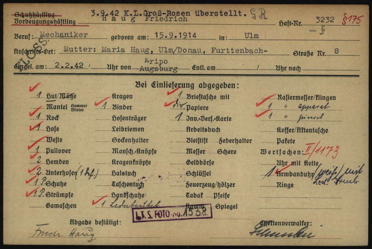 Effektenkarte aus dem KZ Flossenbürg