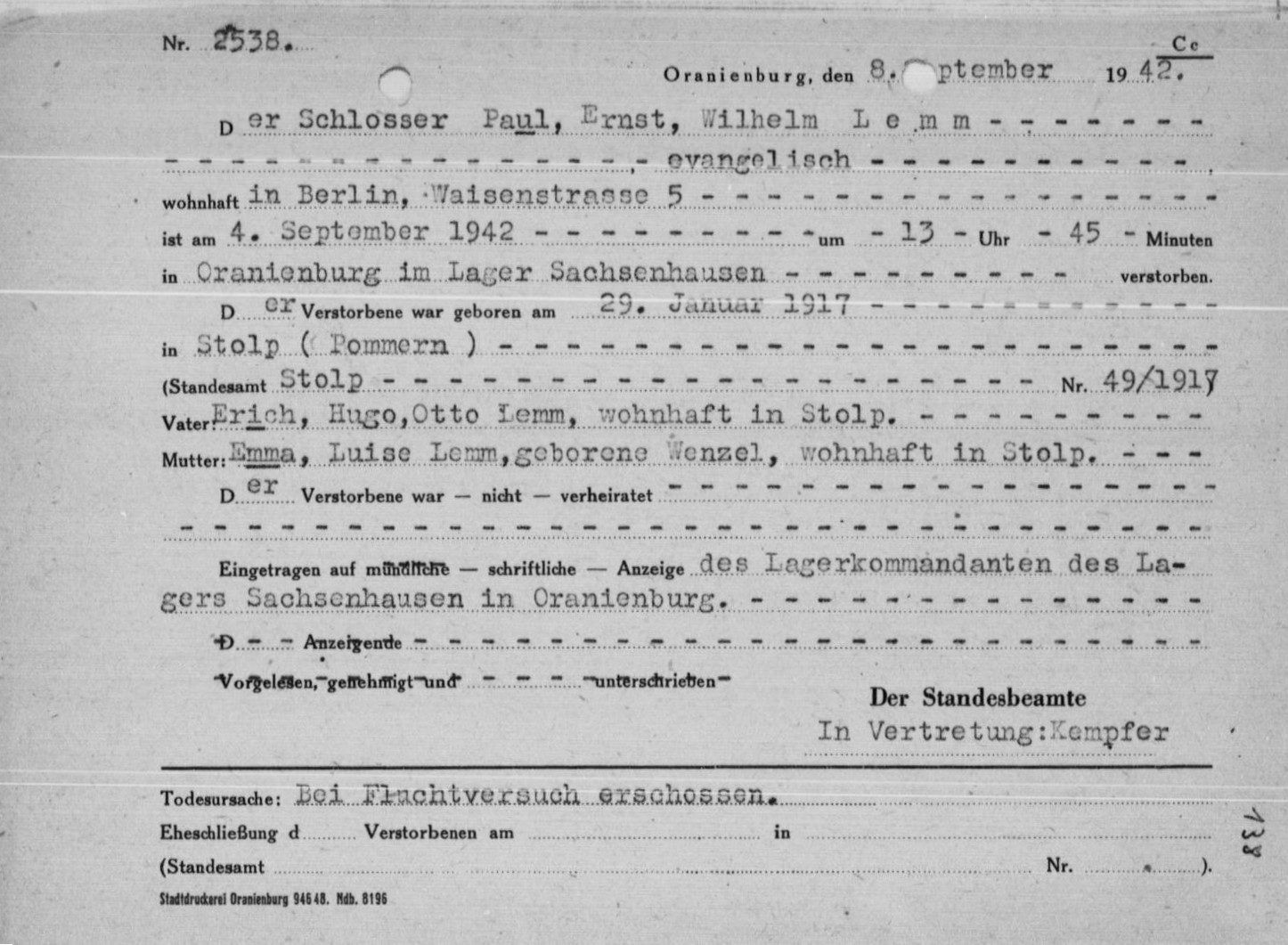 Ernst Paul Wilhelm Lemm Sterbeurkunde