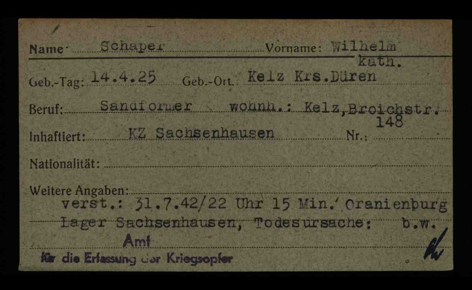 Karteikarte Amt für Erfassung Kriegsopfer Berlin