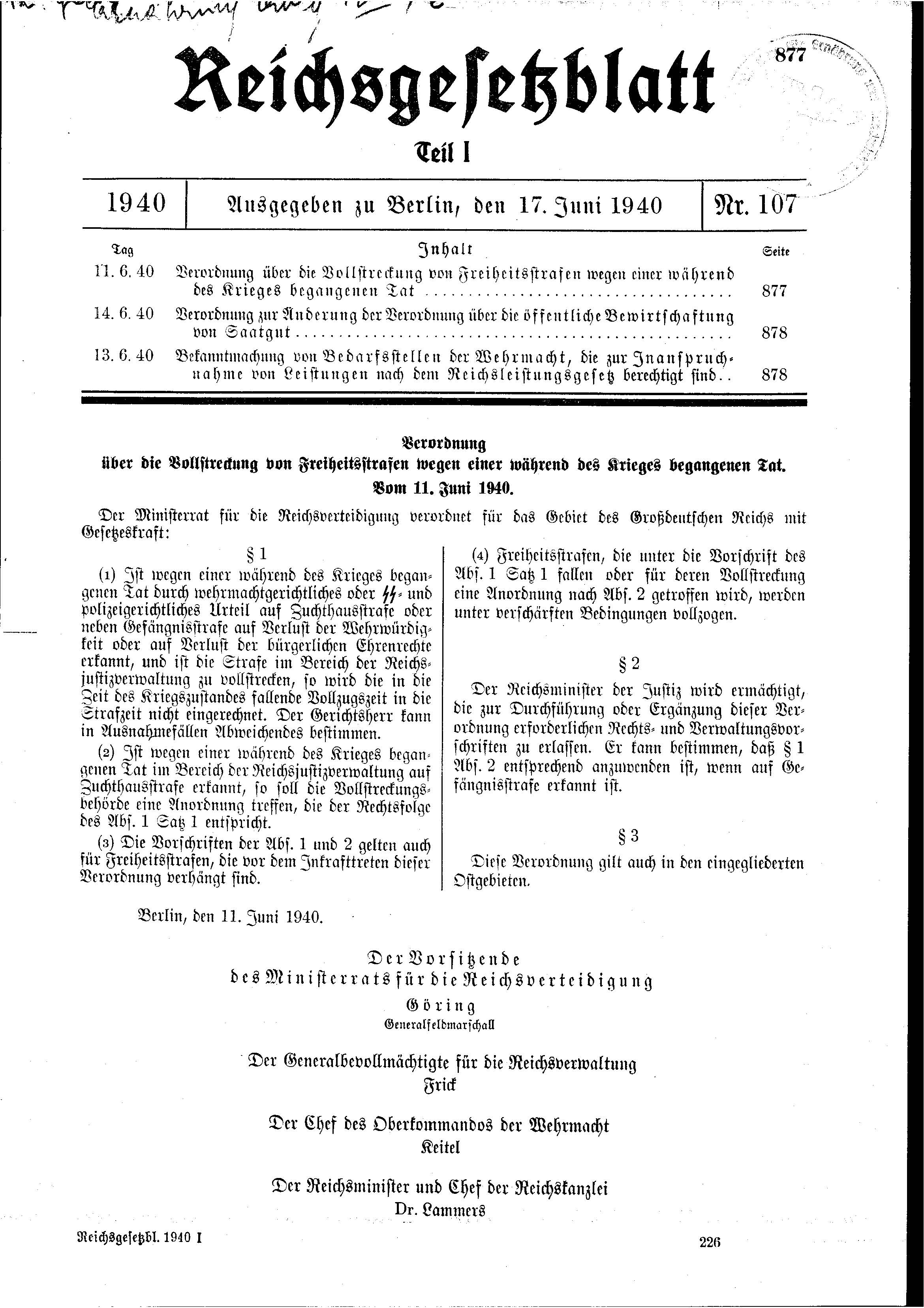 Verordnung vom 11. Juni 1940